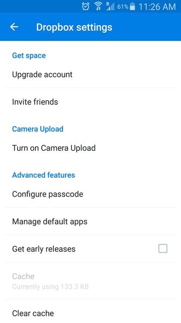 Dropbox app settings