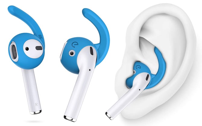 EarBuddyz 2.0 Ear Hooks for AirPods 1 and 2 shown on AirPods in blue from the front and back as well as inserted into a prosthetic ear.