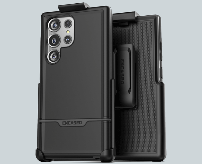 Encased Rebel Case shown from the back and front with the holster on.