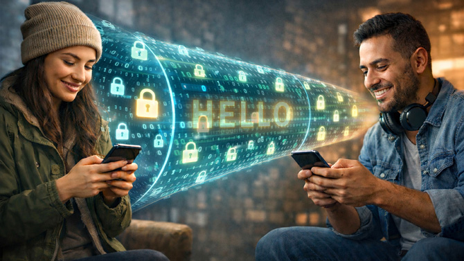 Two people chat on their phones through an ecrypted connection