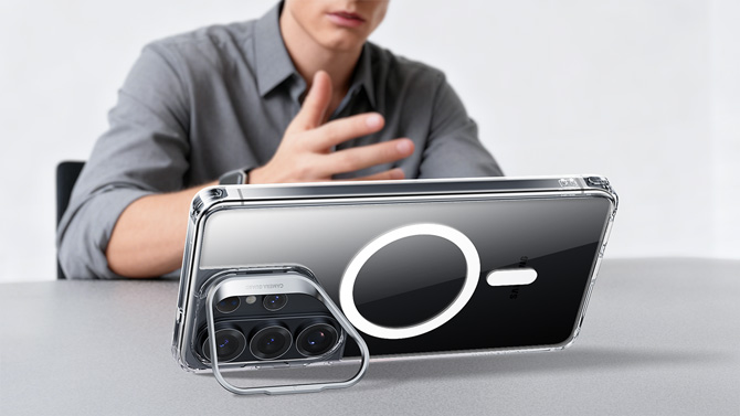 ESR Classic Hybrid Magnetic Case is shown with the Stash Stand extended.