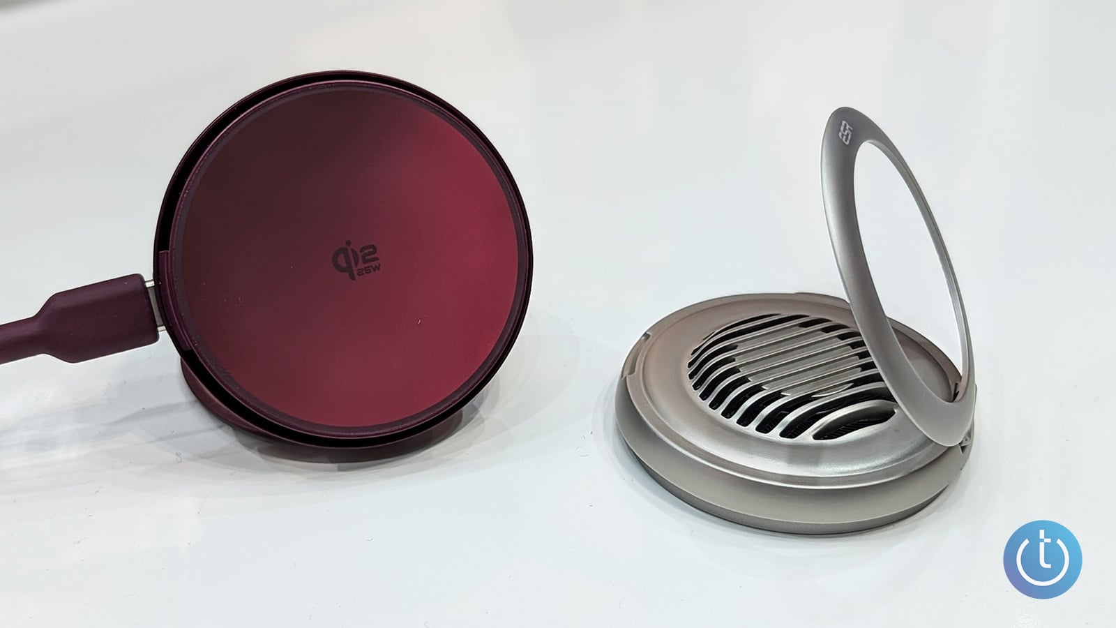 ESR Cyclone 25W Magnetic Charging Pad with CryoBoost shown from the front (left) and the back (right).