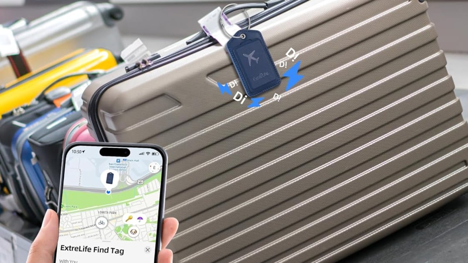 ExtreLife Find My Luggage Tag hanging off a suitcase and ringing, with a phone shown next to it