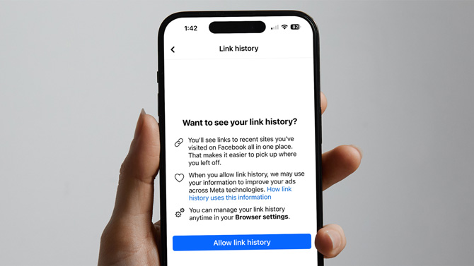 Facebook Link History opt-in screen on phone.