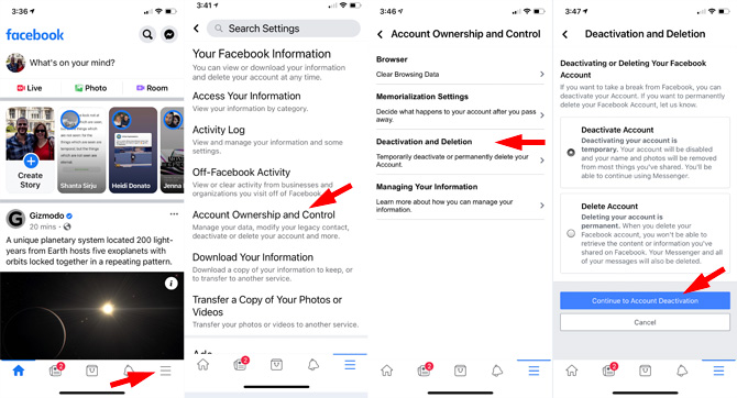 Facebook app deactivate account