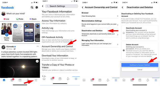 Facdebook app how to delete account
