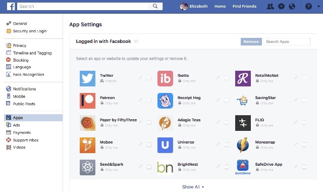 Facebook App Settings Logged in with Facebook