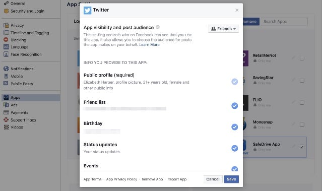 Facebook App Settings app details