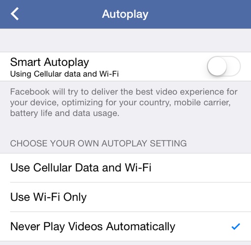 Facebook video autoplay settings