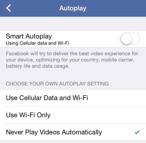 Facebook video autoplay settings