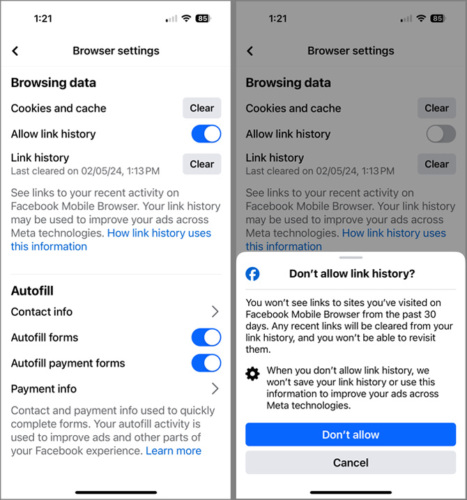 Two screenshots of Facebook Browser settings. On the left, you see the Browsing data screen with Allow Link History toggled on. On the right, you see, a pop-up for Don't allow link history with a don't allow button. 