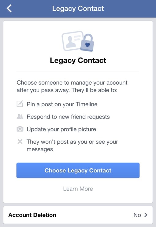 Facebook Legacy Settings contact page showing button to choose legacy contact