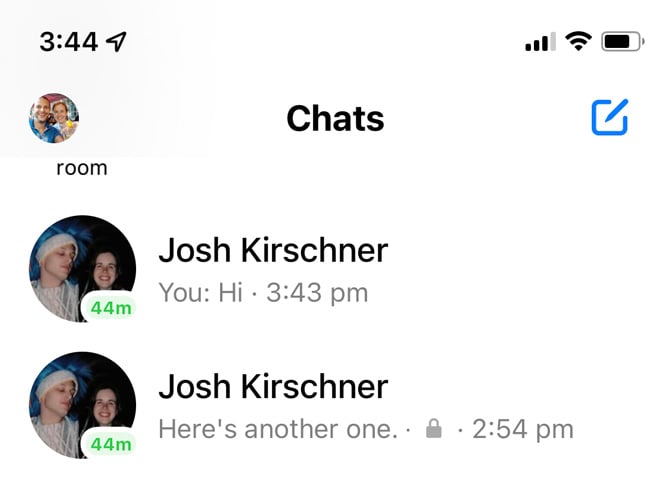 Screenshot of Messenger chat list show the regular chat and the encrypted chat with a lock icon.