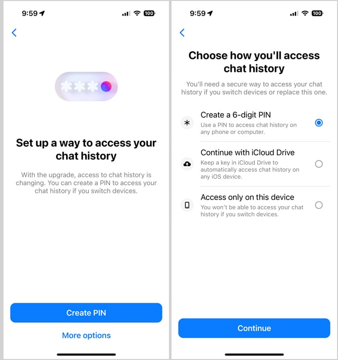 Two screenshots of Facebook Messenger app. On the left, you see the notification to set up a PIN code. On the right, you see your setup options for PIN code, 40-character code or local storage.