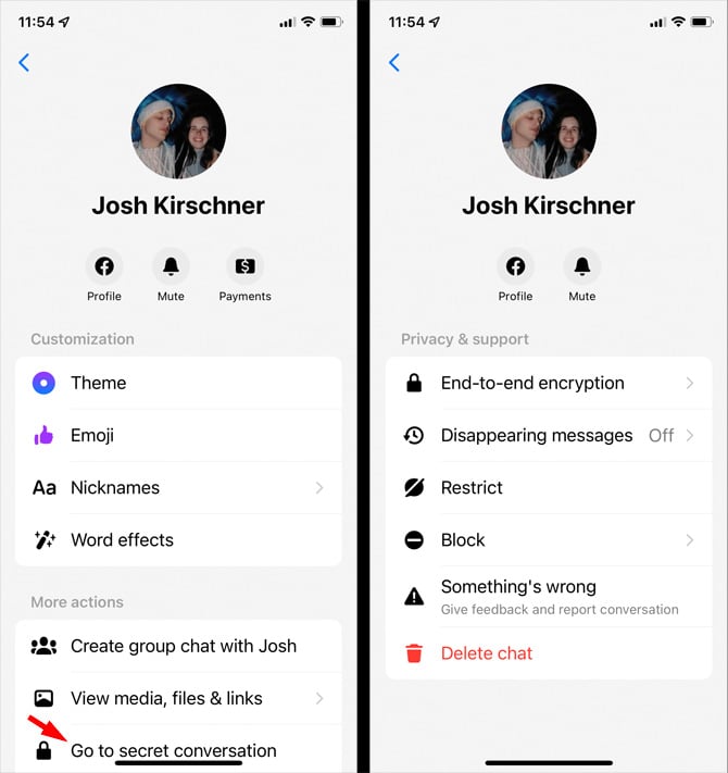 Two screenshots of Messenger app: the first screenshot show settings for regular encryted messages with the option to go to secret conversation pointed out at the bottom. The second screenshot on the rigt shows the privacy settings for encrypted messages with options for End-to-end encryption and Disappearing messages.  