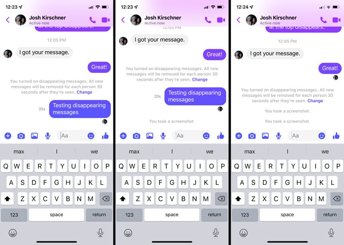 Three screenshots of Facebook Messenger Secret Conversation. From the right, the first conversation shows that disappearing messages has been turned on with a 30 second view window. 25 seconds appears next to the message. The middle screenshot shows the message with 20 seconds and with a notification that a screenshot was taken. The third screenshot shows that the message has disappears and that a second screenshot was taken. 
