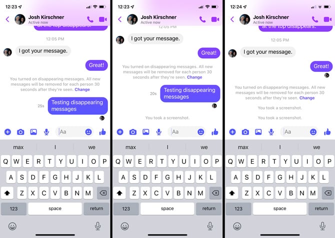 Tres capturas de pantalla de la conversación secreta de Facebook Messenger.  A la derecha, la primera conversación muestra que la desaparición de mensajes se ha habilitado con una ventana de vista previa de 30 segundos.  25 segundos aparece al lado del mensaje.  La captura de pantalla del medio muestra el mensaje a los 20 segundos y con una notificación de que se ha tomado una captura de pantalla.  La tercera captura de pantalla muestra que el mensaje ha desaparecido y se ha tomado una segunda captura de pantalla. 