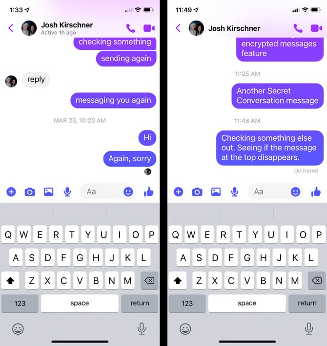 The Facebook Messenger chat on the right is unencrypted and the chat on the right is encrypted. There is no indication in the chat window.