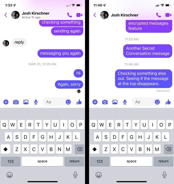 El chat de Facebook Messenger de la derecha no está encriptado y el chat de la derecha está encriptado.  No hay ninguna indicación en la ventana de chat.