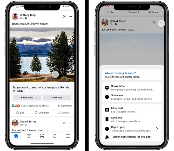 Two screenshots of Facebook news feed: on the left you see the option to Show More and Show Less under a post. On the right, you see the pull down menu for a specific post with the option to Show more and Show less. 
