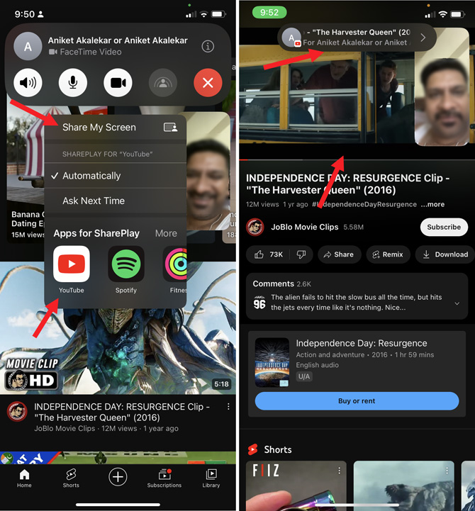 Two screenshots of FaceTime showing a call to share a YouTube Video. In the image on the left, you see the popup menu for SharePlay with Share My Screen pointed out. You can see the option to always share or Ask Next Time. Below you see YouTube, Spotify, and Fitness as apps to share. On the right you see a video selected and a bubble showing sharing with another user.  