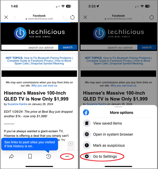 Two screenshots of Facebook browser. On the left you see Techlicious site with the menu circle in red in the lower right. On the right, you see a pop-up menu with Go to settings circled in red.