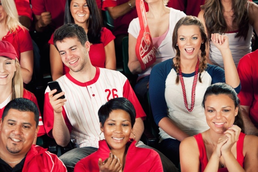 Fan on phone at baseball game