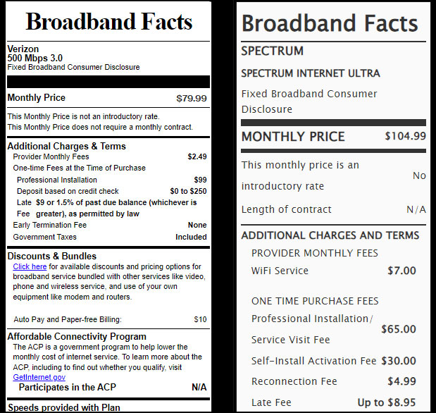 Broadband labels for Verizon 500Mbs plan on the left and Spectrum Ultra 500Mbps plan on the right.