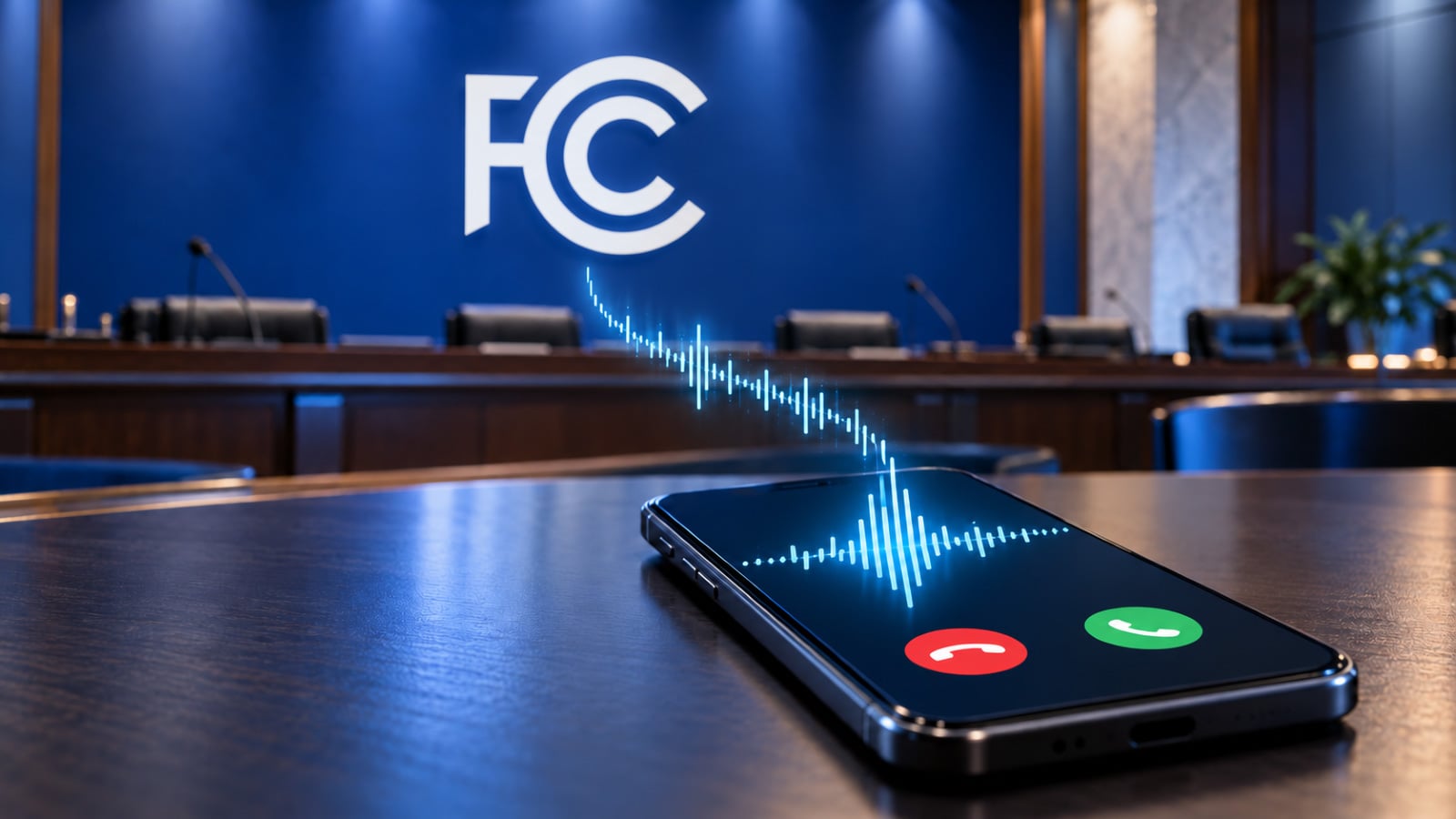 Smartphone displaying an incoming call beneath the FCC logo, with a digital audio waveform representing AI-generated political robocalls.
