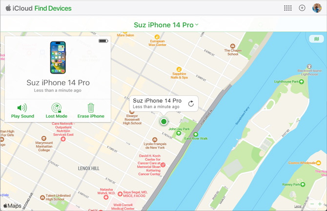 Screenshot of iCloud Find My iPhone, showing an iPhone 14 Pro with the ability to Play Sound, Lost, Mode, and Erase iPhone. The location of the iPhone is shown on a map with the last time it was seen at that location.