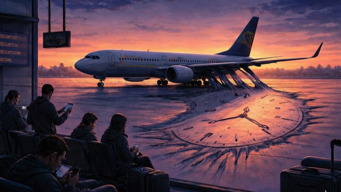 Illustration of a plane stuck on a runway with a foreboding sky behind