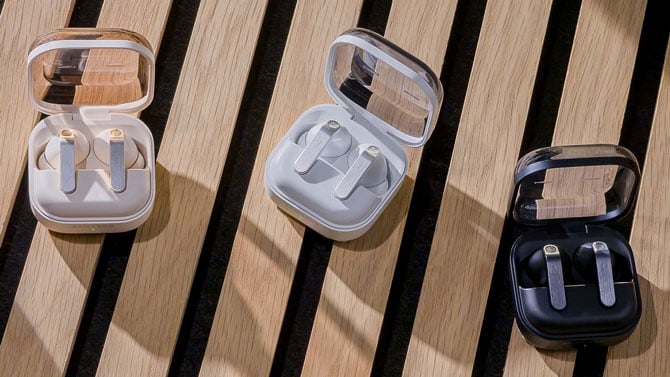 Samsung Galaxy Buds4 Pro in their case from the left: pink gold, white, and black