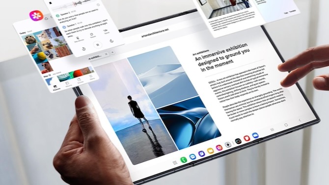 Somone reading an ebook or magazine on the galaxy z trifold's 10-inch screen