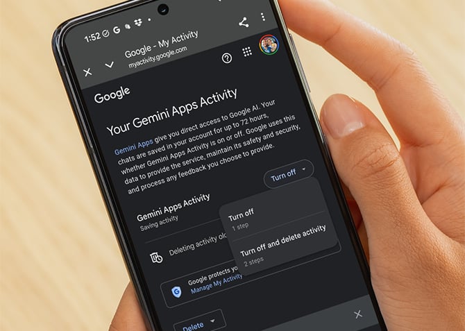 Screenshot of Gemini App showing the option to turn off Gemini Apps Activity