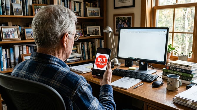 Concept image of a 24-hour waiting period notice on an Android phone.