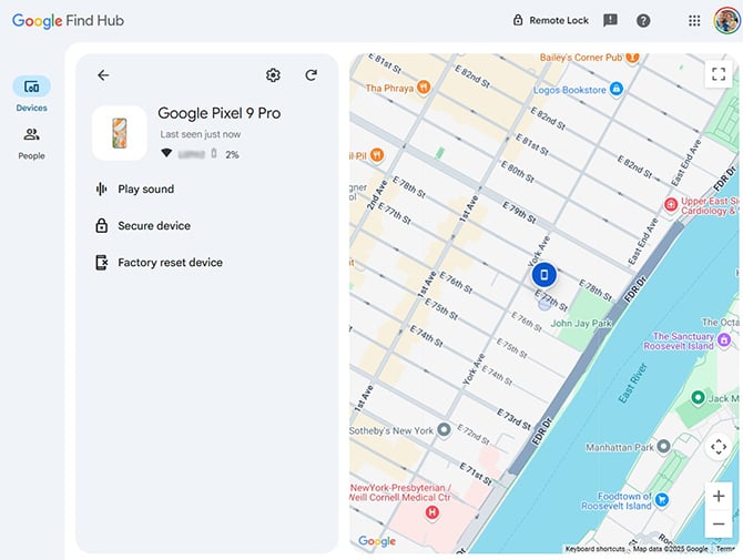 Google Find Hub screenshot showing a map with the location of a Google Pixel 9 Pro and the option to factory reset device.