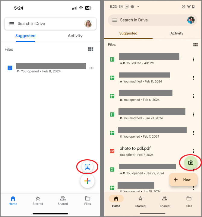 Two screenshots of the Google Drive app. On the left you see the iOS app with the Scan Document button circled in red. On the right is the Android app with the Camera button circled in red.