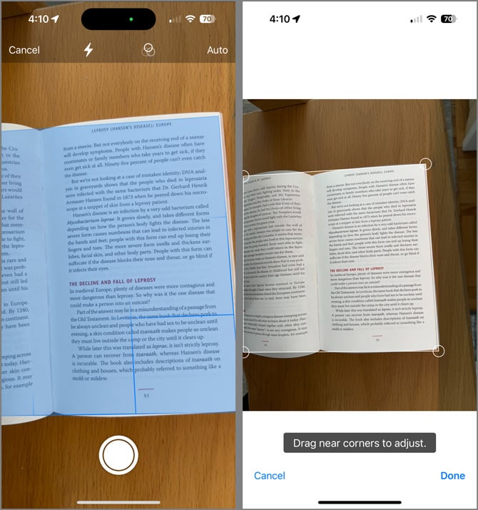 Two screenshots of Google Drive iOS app: on the left you see a blue filter over a book page and on the right you see a picture of the book page with for dots