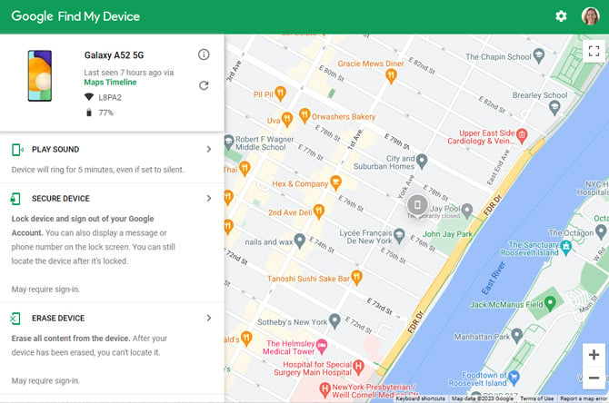 Google Find My Device screenshot showing a map with the location of a Samsung Galaxy A52 5G and the option to Play Sound, Secure Device, and Erase Device.