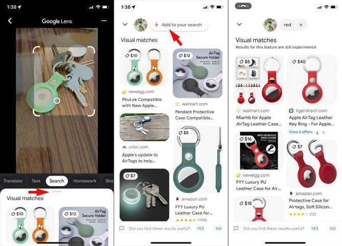 Three screenshots of Google for iOS. From the left: The first screenshot shows a picture of keys with an Apple AirTag holder in green. The line that you use to swipe up is pointed out. The second screenshot shows the search results The Add to your search button at the top is pointed out. In the third screenshot you see a thumbnail of the original image with the work red in an oblong bubble with search results that show AirTag holders in red.