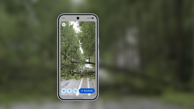 Photo of an Android phone screen showing downed trees on the road ahead