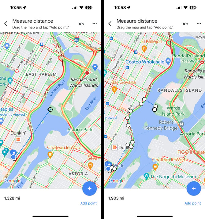 Two screenshots of Google Maps app. On the left you see a straight line with the distance between two points on a map. On the right you see multiple points with the total distance measured. 