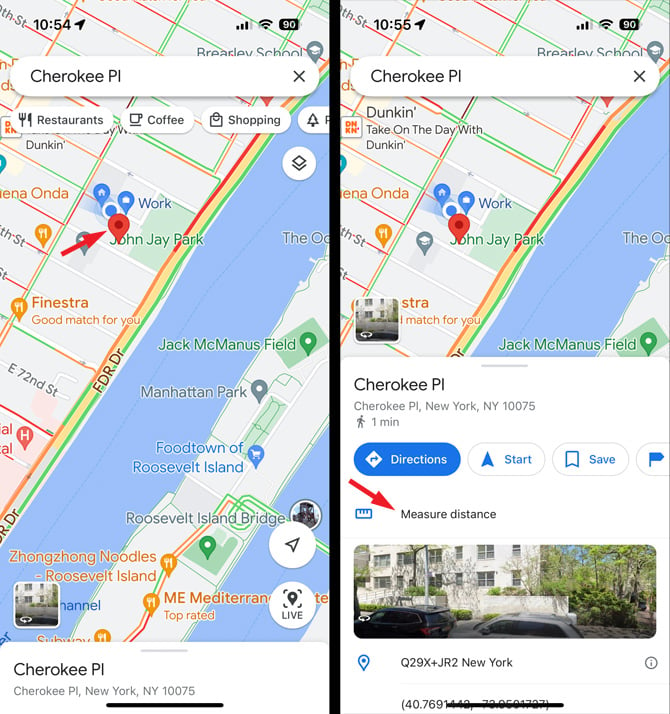 Two screenshots of Google Maps app. On the left you see a red dropped pin pointed out on a map. On the right you see information about the dropped pin location and the option to measure distance pointed out. 