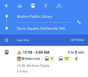 Google Maps showing the last train