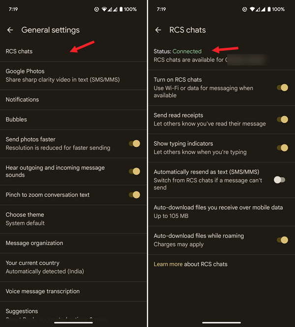 Two screenshots of Google Messages settings. On the left you See General Settings with RCS chats pointed out. On the right, you see the RCS chats screen showing the status as connected and available for RCS chats.