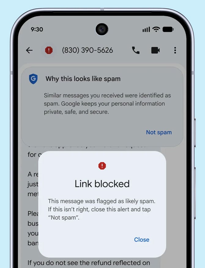 Screenshot of Google's Text Link Blocking warning.