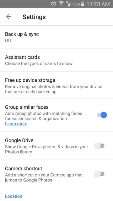 Google Photos app settings