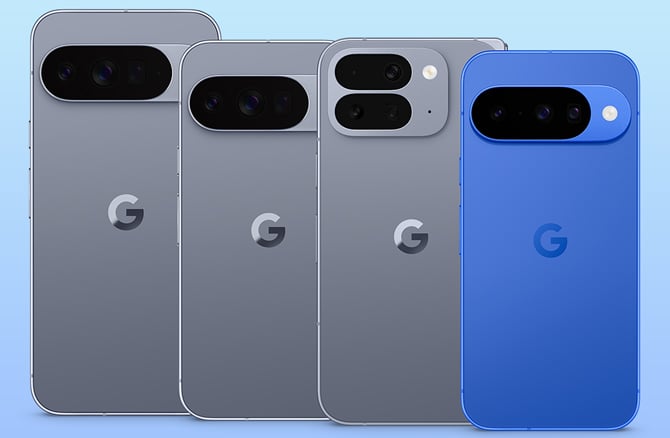 Google Pixel 10 series from the left: Pixel 10 Pro XL, Pixel 10 Pro, Pixel 10 Pro Fold, and Pixel 10