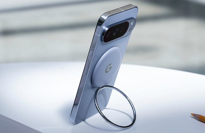 Google Pixel 10 series shown with a Ring Stand accessory