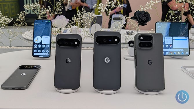 The backs of the Pixel 11 Pro series from the left: 11 Pro, 11 Pro XL, 11 Pro Fold.